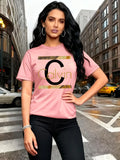 Calvin Letter Print Women's Tee - Gold Graphic Green Casual Top