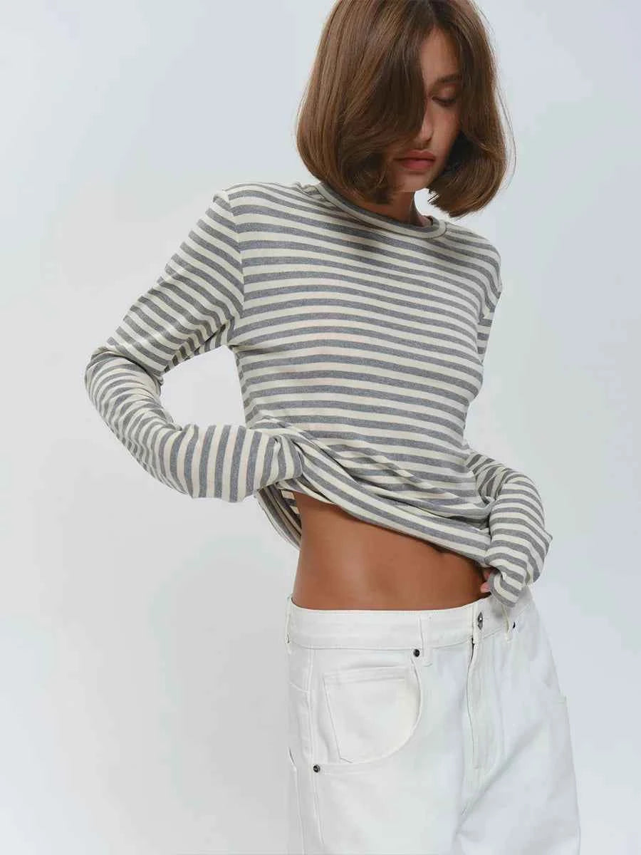 Bornladies Autumn New Fashion Women Cotton Striped Long Sleeve T Shirt Office Casual Simple Round Neck Pullover Tops & Tees