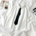 E-BAIHU 2025 White Shirt Women Blusas Short Sleeve Lapel Blouse with Tie Japanese Fashion Student Summer Daily College Style Top