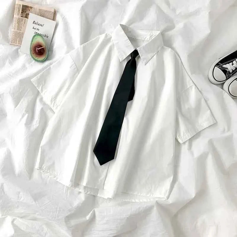 E-BAIHU 2025 White Shirt Women Blusas Short Sleeve Lapel Blouse with Tie Japanese Fashion Student Summer Daily College Style Top