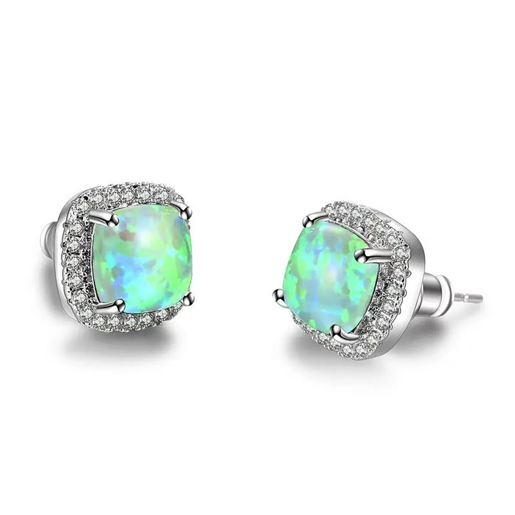 Multi-Color Available Opal Stone & Zirconia Earrings,Elegant Square Opal Studs,Silver Color Daily Luxury Jewelry,Gift for Women