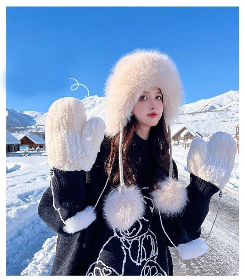 Winter Women Real Fox Fur Hat Fashion Casual Outdoor Warm Knitted Hats Girl Lovely 100% Natural Fox Fur Ear cap bomber caps