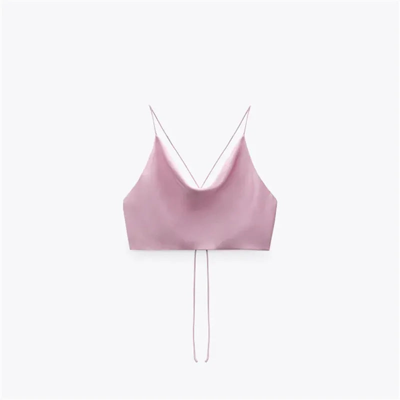 MUJER Satin Crop top Women Summer White Pink Red Cami Top Woman 2025 Sexy Backless Halter Tops for Women Camisole Strap Tank Top