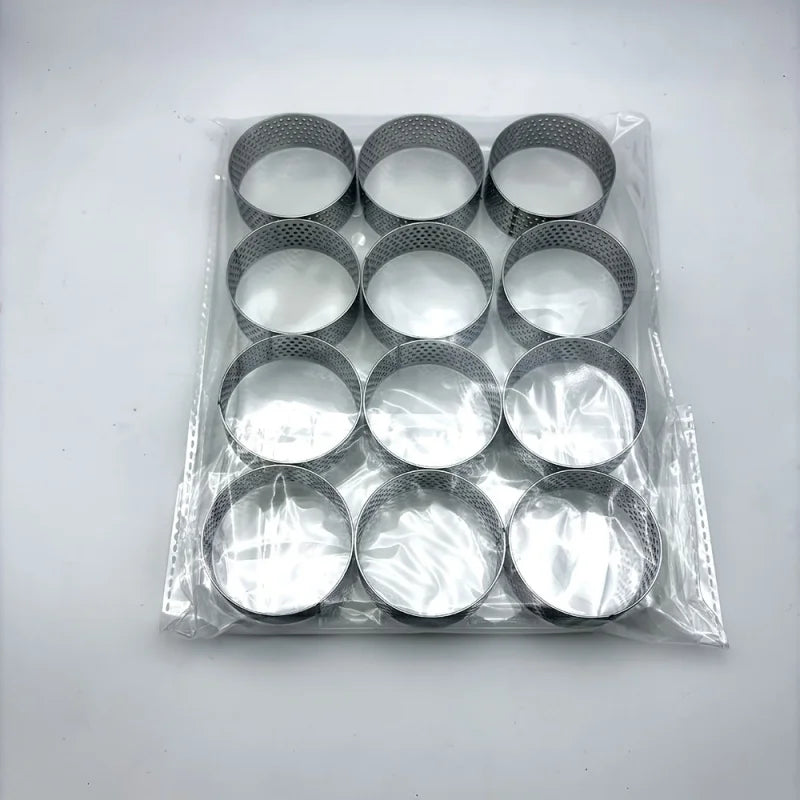 Set of 12 Stainless Steel Round Tart Rings - Perforated Molds for Mousses And Desserts,Cookie Cutters, Fruit Tart Molds