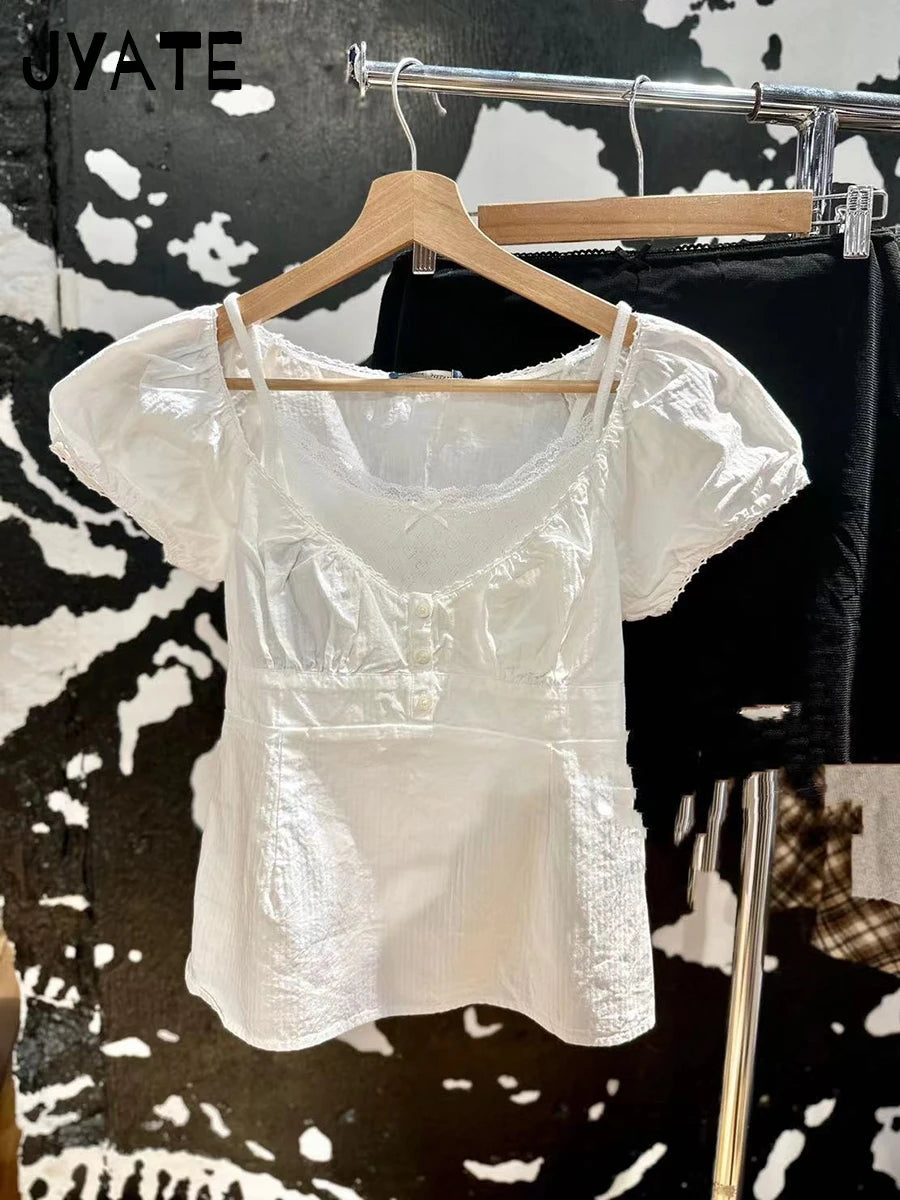 White Striped V-neck Buttons T-shirts Women New Casual Cotton Lace Trim Sexy Crop Tops Sweet Cute Preppy Style Blouse Tees Y2K