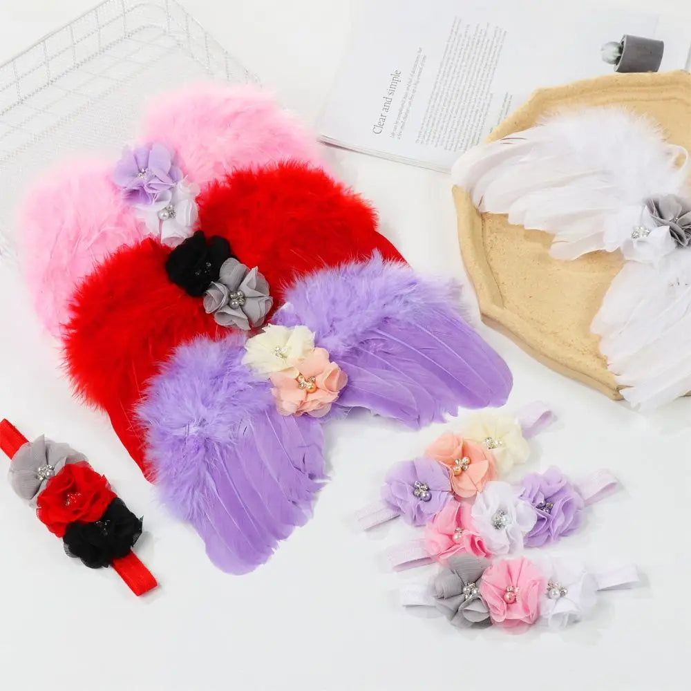 2pcs/set Cute Newborn Angel Feather Wings with Baby Girl Rose Flower Headband Hair Accessories for Infant Photography Props