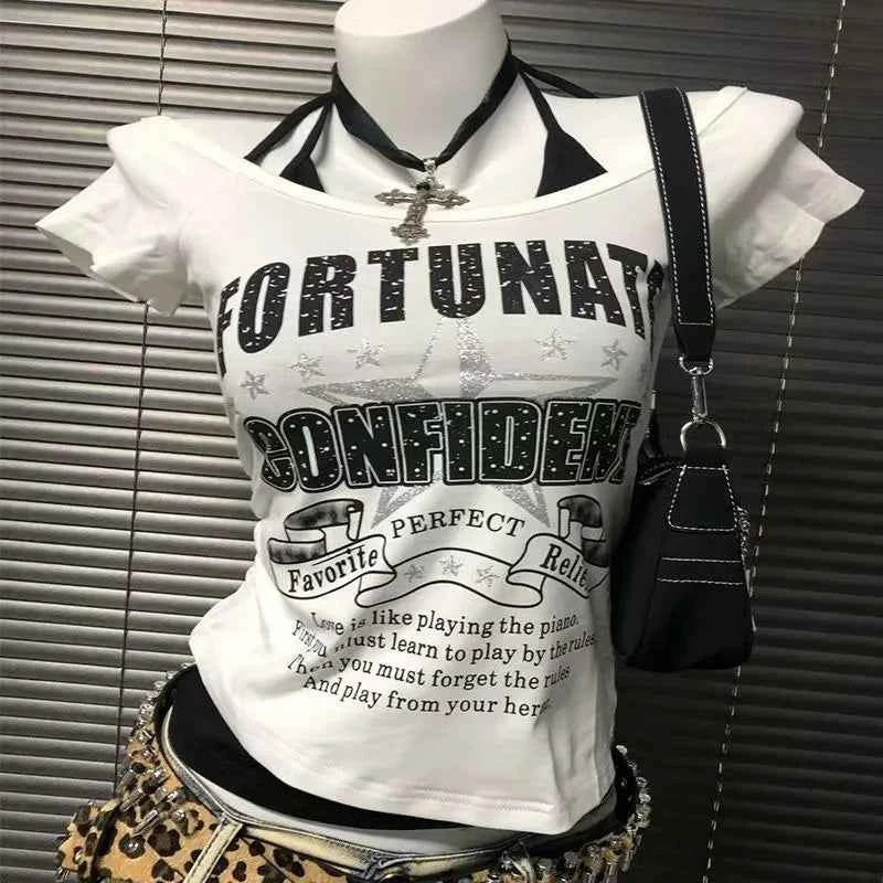Vintage Gothic Prints Black T-Shirt Women Y2K Harajuku Fashion Punk Off-shoulder Sling Sexy Slim Summer Casual Trendy Top