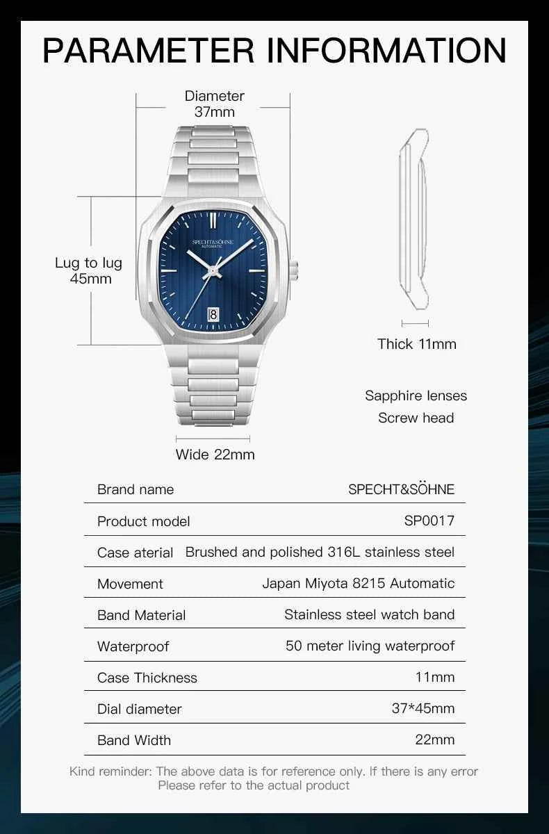2026 New High Quality Specht&Sohne Watch 37MM Automatic Mechanical Watches Dark Blue Color Sapphire Stainless Steel Reloj Hombre