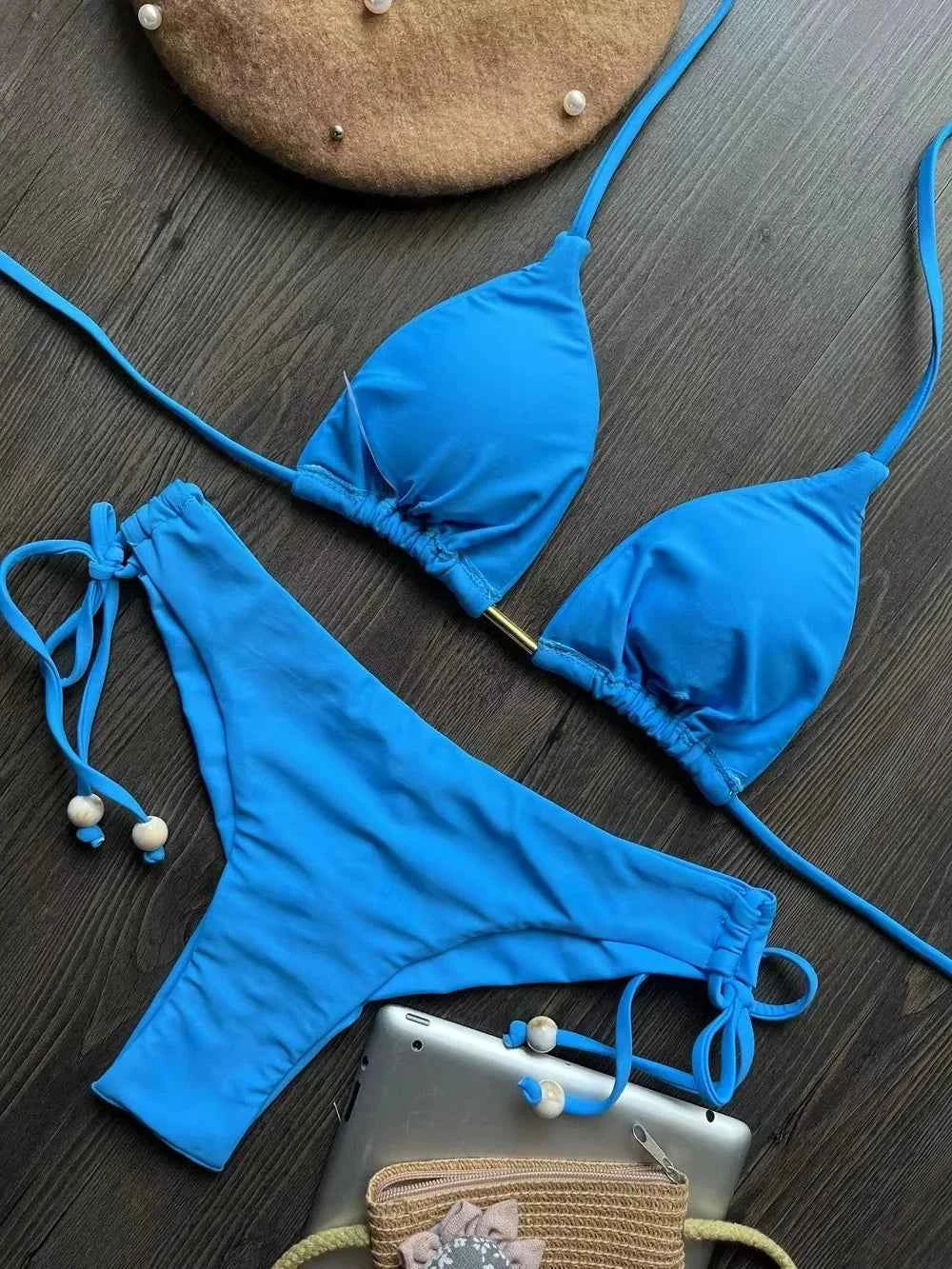 2024 sexy women bikini, brazilian triangle bikini, push-up swimsuit, metal chain beach bikini