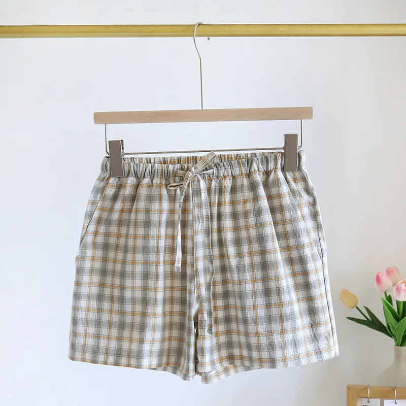 Summer Thin Loose Fit Women's Home Shorts Cotton Plaid Design Multi Colors Sleepwear Beach and Casual Wear Short Pants