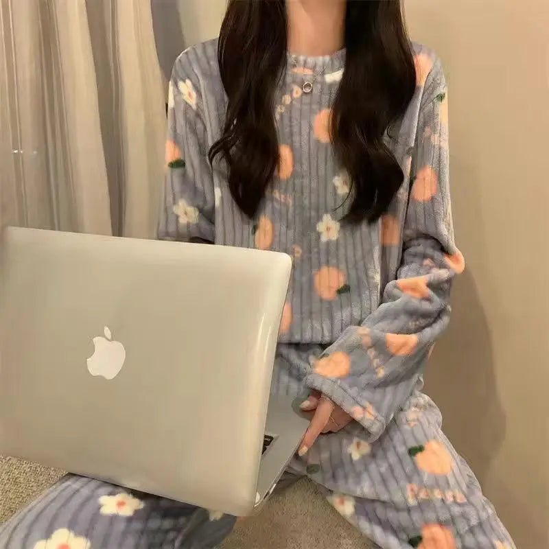 Autumn Winter Warm Flannel Fleecing Women's Pajamas Sets Coral Velvet Long Sleeve Cartoon Sleepwear Pants Sets Flannel Homewear