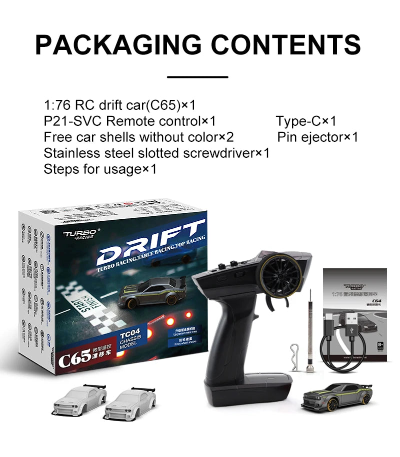 Turbo Racing 1:76 C65 Limited Edition Drift RC Car With Gyro Radio Full Proportional Remote Control Toys RTR Desktop Toys