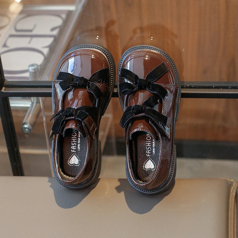 Chic Girls Black Mary Jane Shoes with Double Bowknot Spring Autumn Kids Princess Leather Shoe Fashion Causal Children Flat Shoes
