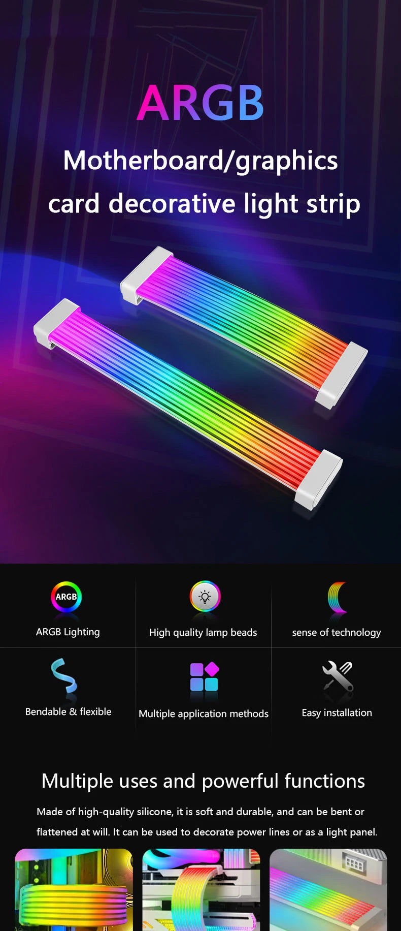 Computer Case Bendable ARGB Light Board,Suitable For Graphics Card 24pin/8pin/2x8pin/12VHPWR/Motherboard Decorative light strip