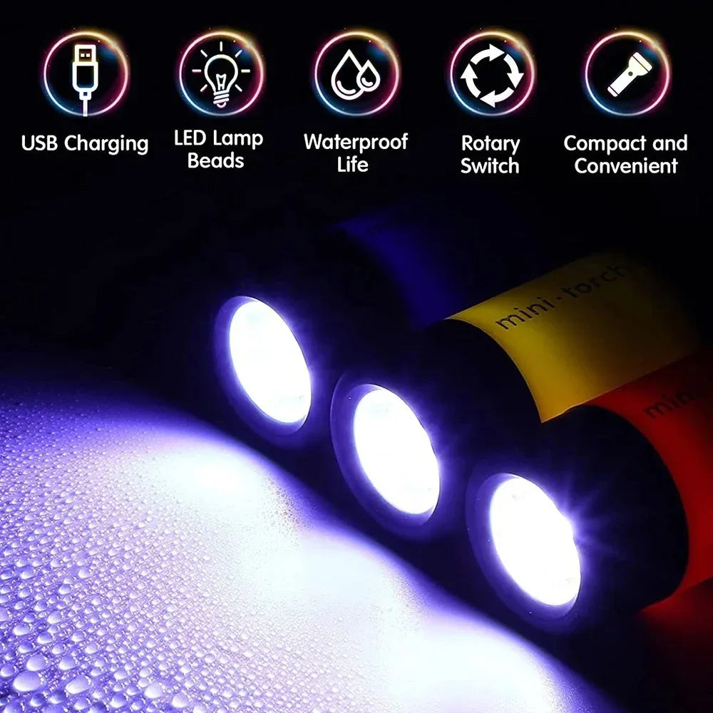 USB Rechargeable LED Pocket Keychain Flashlight Multifunctional Strong Light Waterproof for Outdoor Hiking Camping Mini