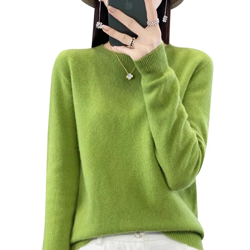 100% pure cashmere sweater women's round neck pullover long sleeve sweater loose short soft waxy knit bottom sweater