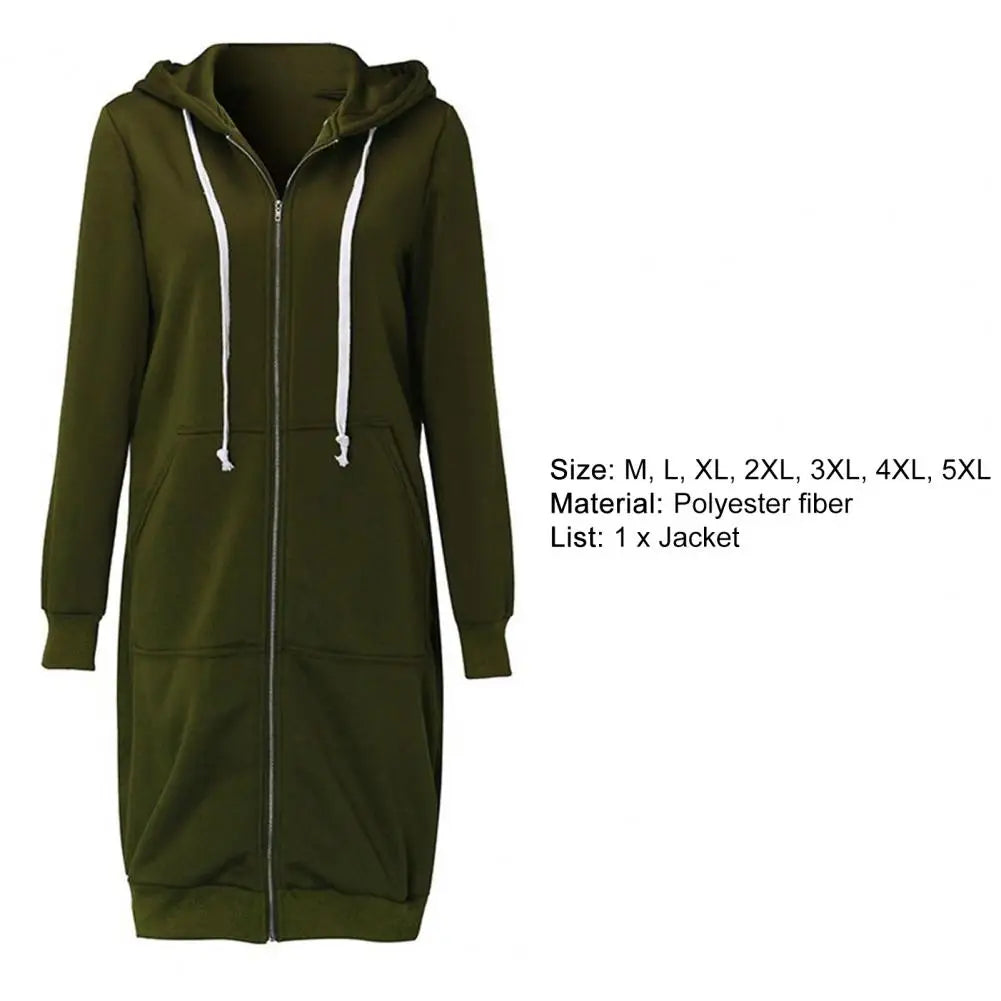 Plush Hooded Drawstring Women Jacket Thick Long Sleeves Zip Up Knee Length Autumn Coat Hooded Long Loose Winter Sweatshirt