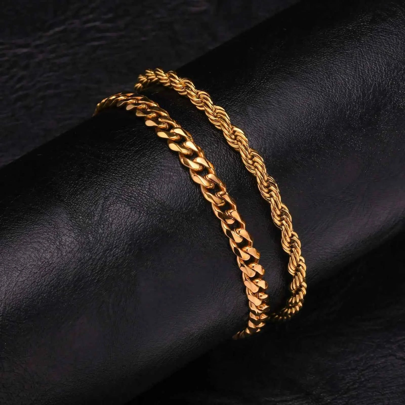 2pcs Men's Chain Bracelets,Stainless Steel Silver Gold Black Color Twist Rope Chain Wristband,Trendy Cuban Link Chains Gift
