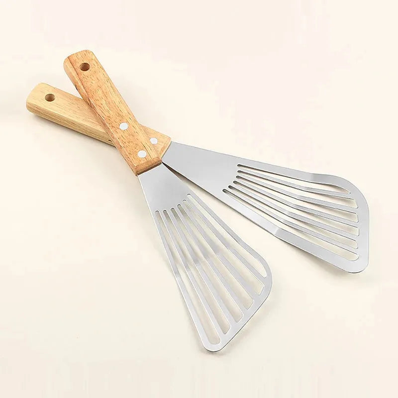 1PC Stainless Steel Fish Frying Shovel with Wooden Handle Fan-shaped Shovel Household High-temperature Frying Shovel