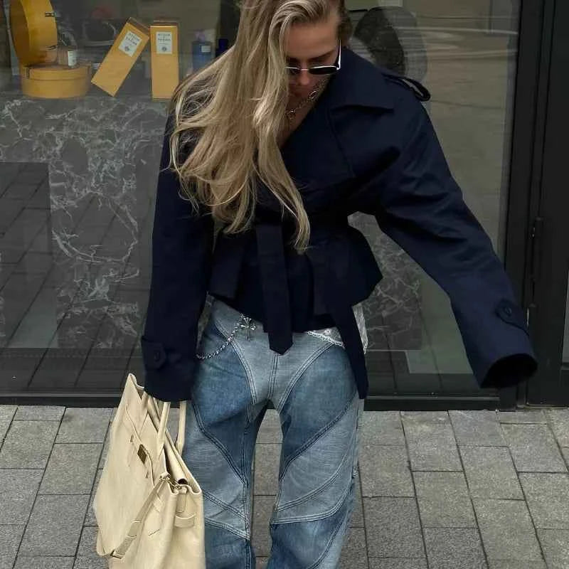 Cropped Lace-up Blue Casual Trench Coat Women Lapel Long Sleeve Wide Shoulder Windbreaker Jacket Fall Commute Daily Streetwear
