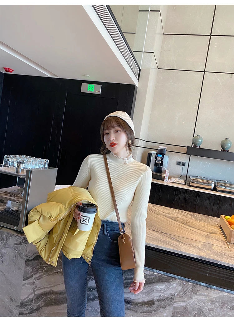 2026 Knitted Women Sweater O-neck Button Pullovers Autumn Winter Basic Sweaters for Female Pullover Slim Solid Bold Lace Tops