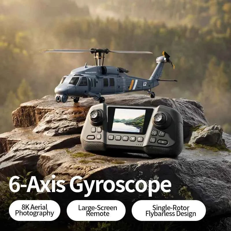 8K HD Camera RC Helicopter With LCD Screen Optical Flow Positioning One Key Takeoff WIFI FPV RC Airplane Single-Rotor Flybarless