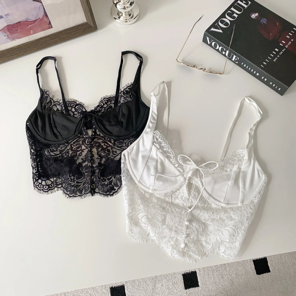 Summer Lace Hollow out ort Design Sensual Pure Desire Sexy Top Women's Strapl Crop Vest Tulle Me Brtte Outfit