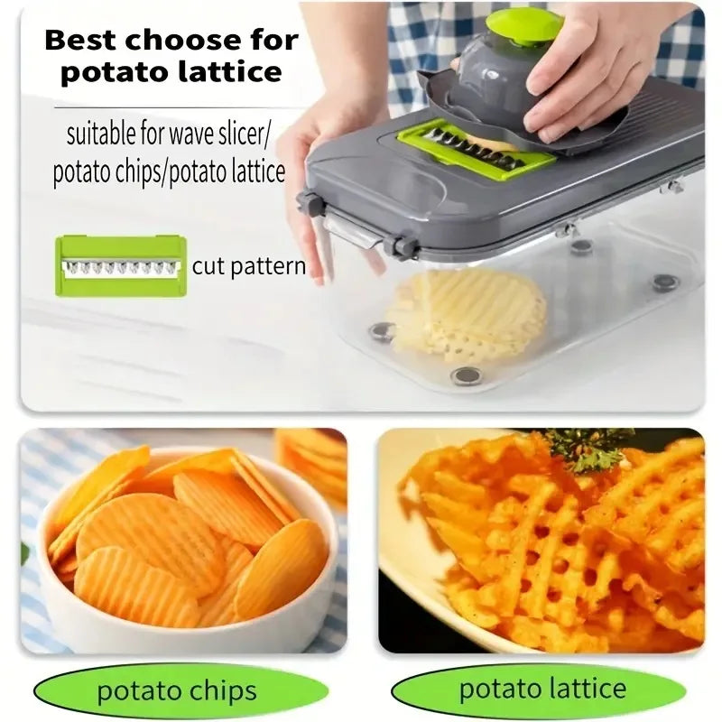 22 in 1 Vegetable Chopper with Stainless Steel Blade Adjustable Slicer And Cutter with Drain Rack Storage Container Kitchen Tool