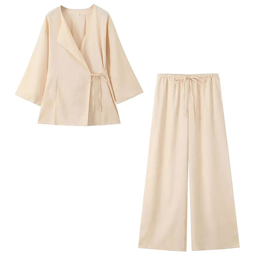HH Pajama Style Pants Sets Women Fashion Kimono Style Lace Up Shirt Top Elastic Waist Trousers Women's Casual Outfits