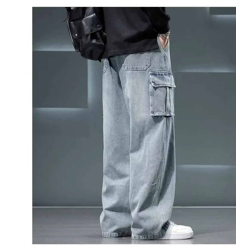 2026 New Wide Leg Washing Jean Pants Men Trousers Neutral Solid Color Loose Casual Fashion Pocket Cargo Pants Big Size 8XL