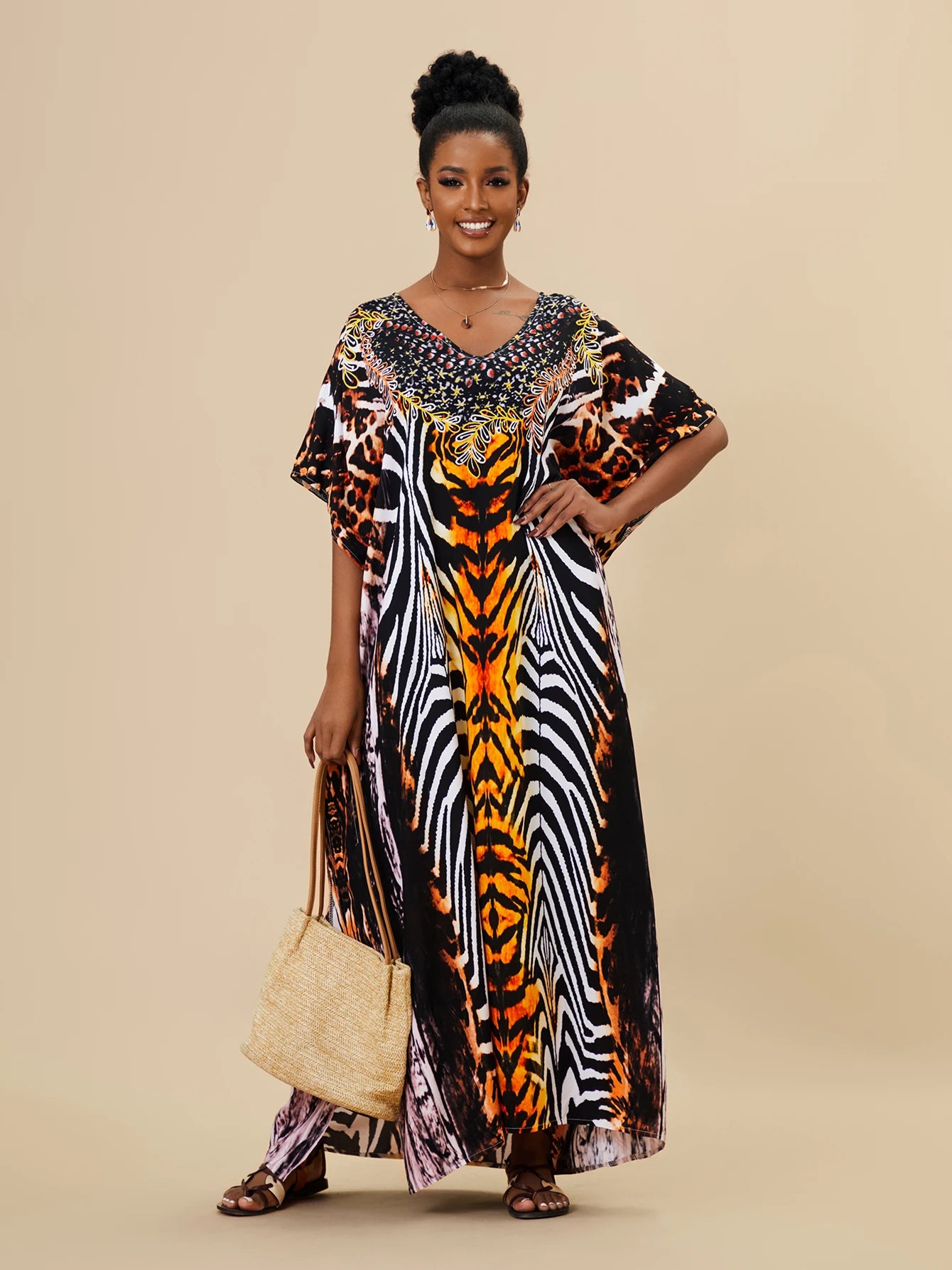 EDOLYNSA 2023 Bohemian Printed Loose Kaftan Casual Summer Vacation Maxi Dress Women Clothing Beach Wear Swim Suit Cover Up Q1469