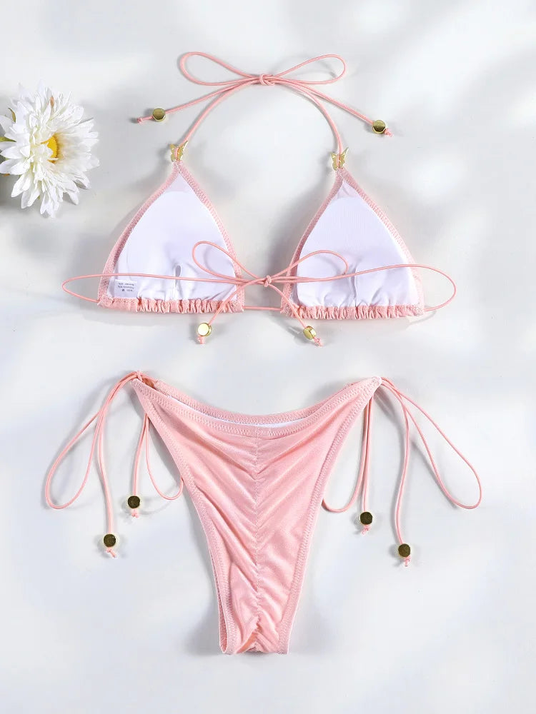 Sexy Bikinis Micro Thongs Swimsuit Women Bathing Suit Rings Biquini Bandage Beachwear Print Swimwear Sexy Bikini Sets With Chain