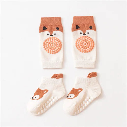 Kids Baby Anti-slip Cartoon Knee Pads Socks Sets Thin Cotton Mesh Crawling Knit Knee Pads Infant Toddler Floor Socks For 0-3 Yrs