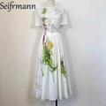 Seifrmann printed white background poplin dress 2025 autumn round neck short sleeved waist cinched long skirt belt dress