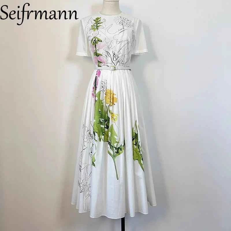 Seifrmann printed white background poplin dress 2025 autumn round neck short sleeved waist cinched long skirt belt dress