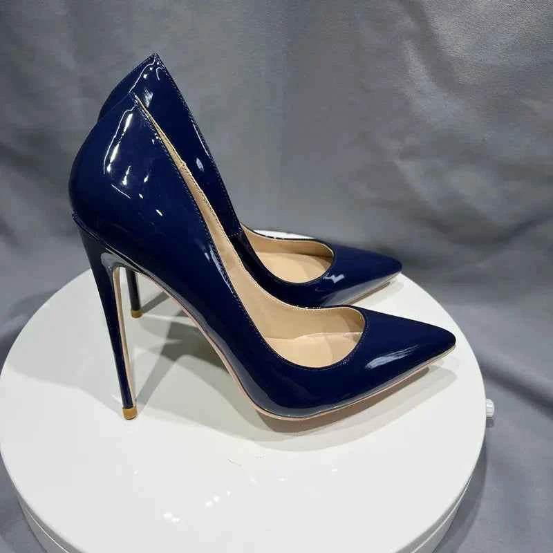 Tikicup Women Navy Blue Patent Pumps Low Cut Pointy Toe Stilettos Elegant Ladies Formal Slip On High Heels Fashion Dress Shoes