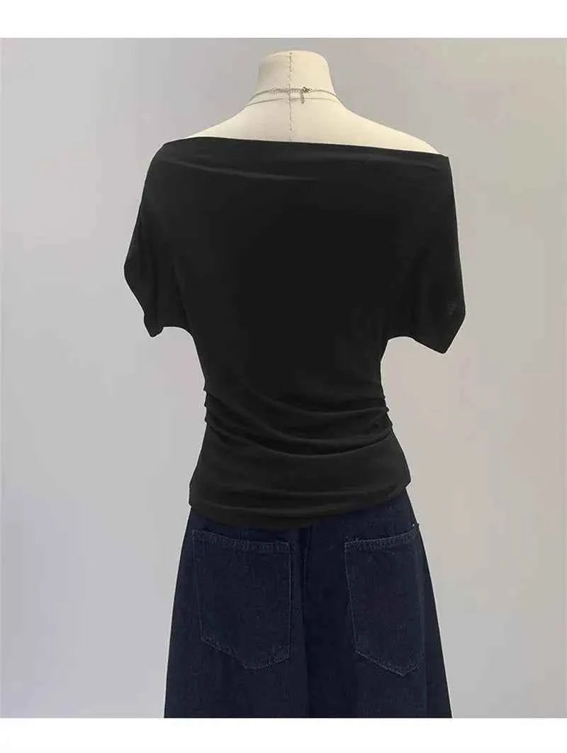 Summer One Shoulder Black Women's T-shirt Short Sleeve Korean Style Slimming Top Exposed Shoulder Fashionable