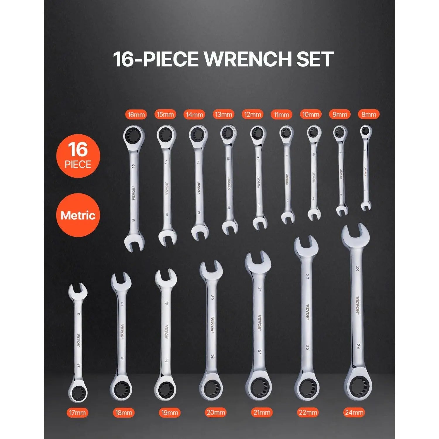 16 Piece Metric Combination Wrench Set 8 Mm to 24 Mm Chrome Finish Carbon Steel Industrial Grade