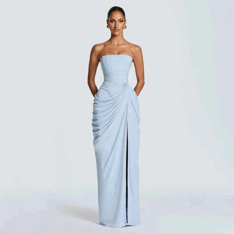 Women Sexy Solid Pleated Strapless Dress Lady Chic Off-shoulder Backless High Waist Split Dresses  Evening Party Gown 2026 New