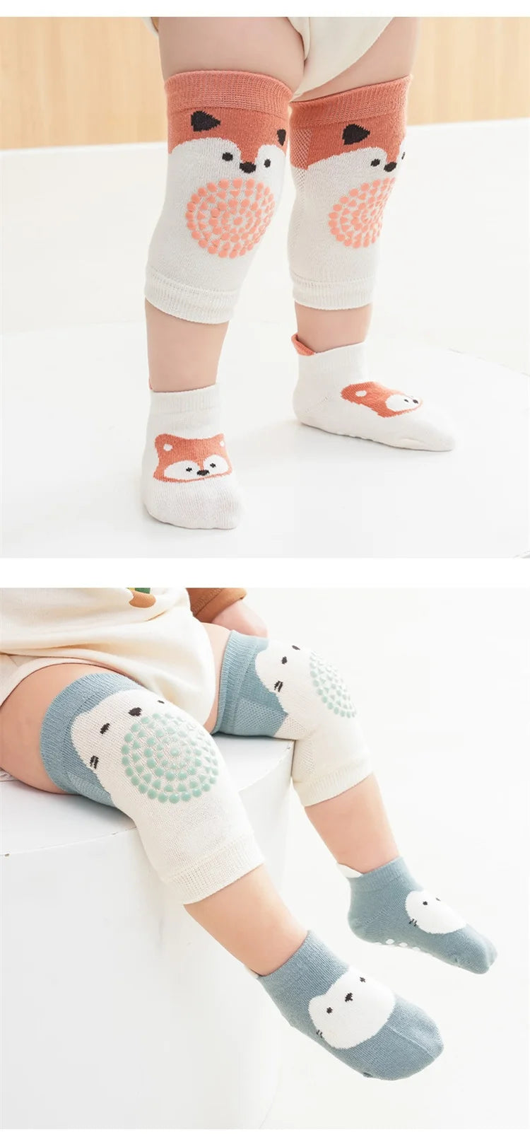 Kids Baby Anti-slip Cartoon Knee Pads Socks Sets Thin Cotton Mesh Crawling Knit Knee Pads Infant Toddler Floor Socks For 0-3 Yrs