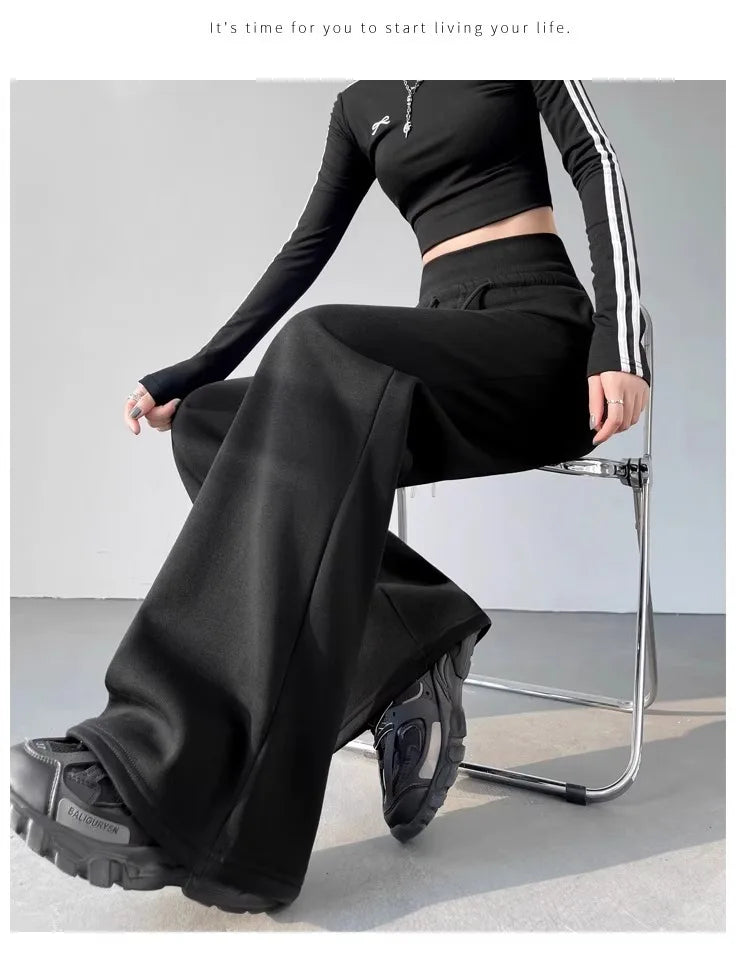 Women's Gray Sports High Waist Hanging Loose Slimming Straight Leg Wide Leg Pants American Sweatpants