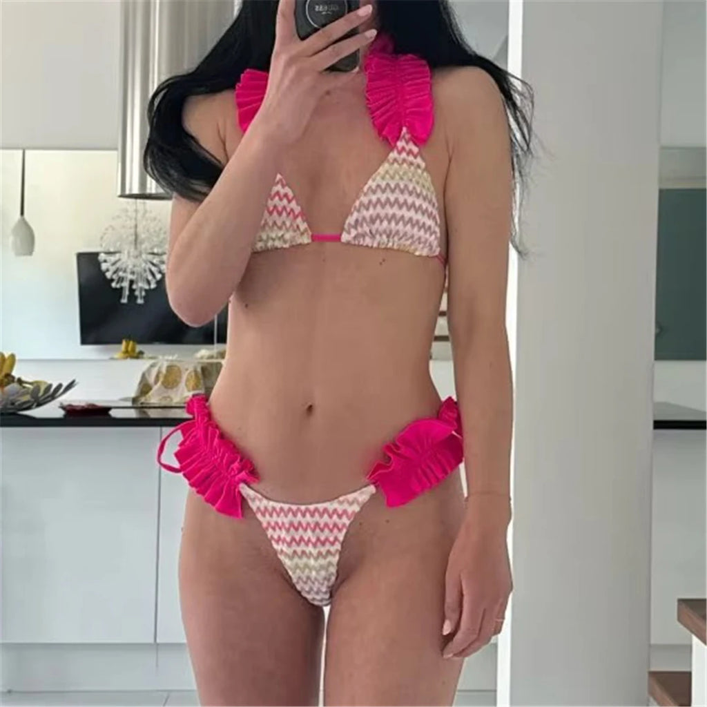 With Skirt Waved Ruffled Frilled Bikini Female Swimsuit Women Swimwear Three-Pieces Bikini Set Bather Bathing Suit Swim V5235