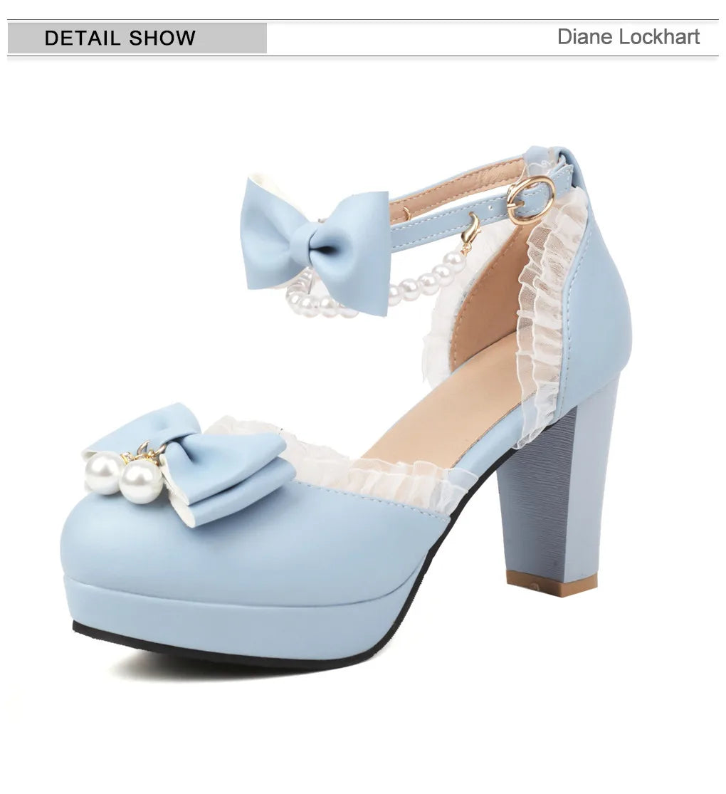 Spring Pearl Ankle Strap Women High Heels Mary Jane Pumps Party Wedding Cosplay White Pink Bow Princess High-heeled Lolita Shoes