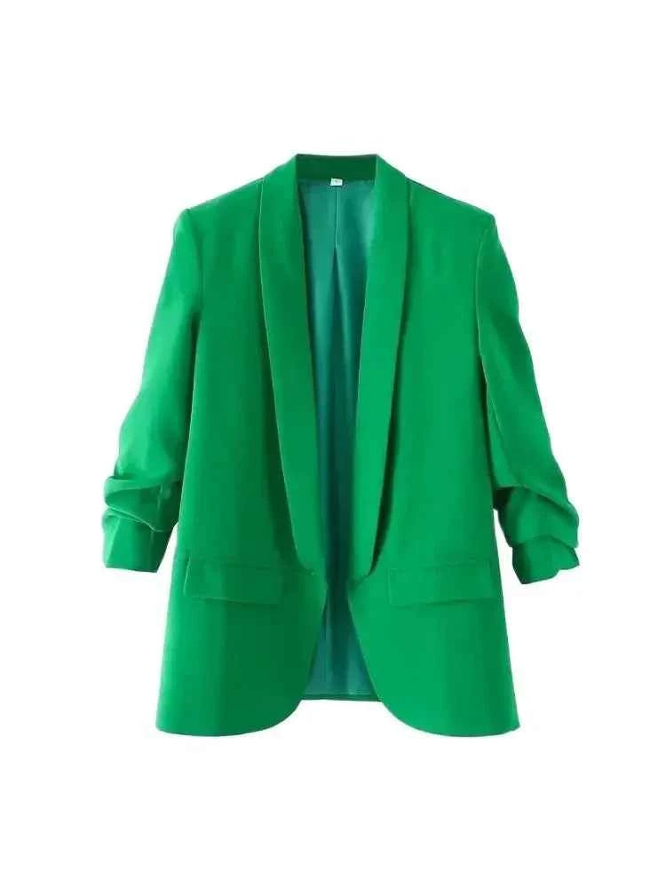 Women Fashion Office Wear Open Blazer Coat Vintage Long Pleated Sleeves Flap Pockets Female Outerwear Chic Tops