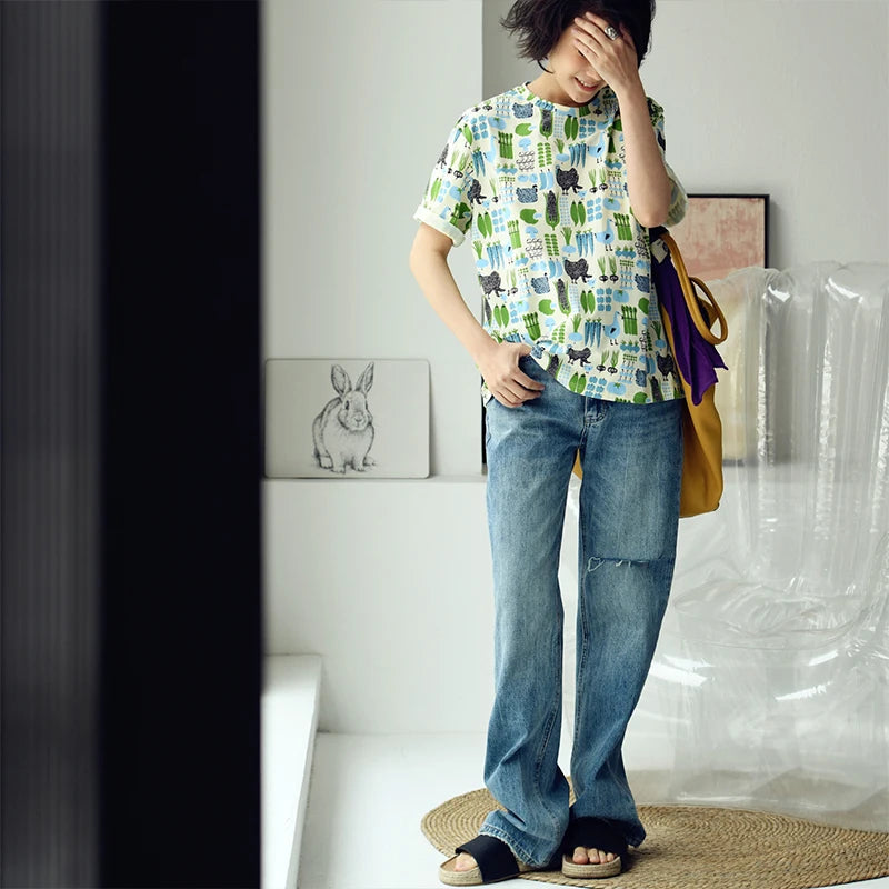 MICOCO T5310C Literary style fresh cartoon print loose crew neck short sleeve T-shirt women