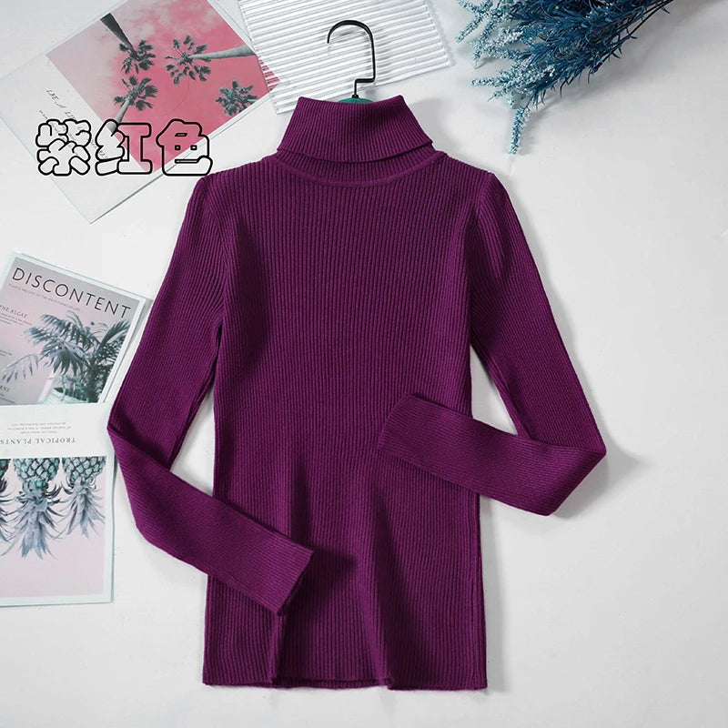 2026 Simple Women Turtleneck Sweater Winter Fashion Pullover Elastic Knit Ladies Jumper Casual Solid Black Female Basic Tops