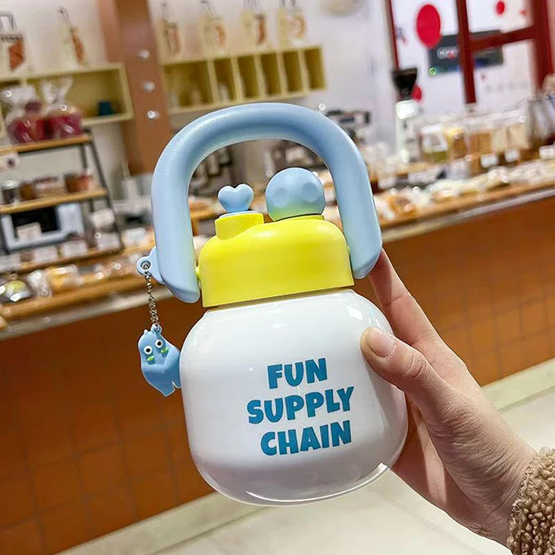 Cute Water Bottle with Decoration, Dual Straws Design, Anti-Lipstick Stain, Detachable Travel Strap Durable Plastic Material