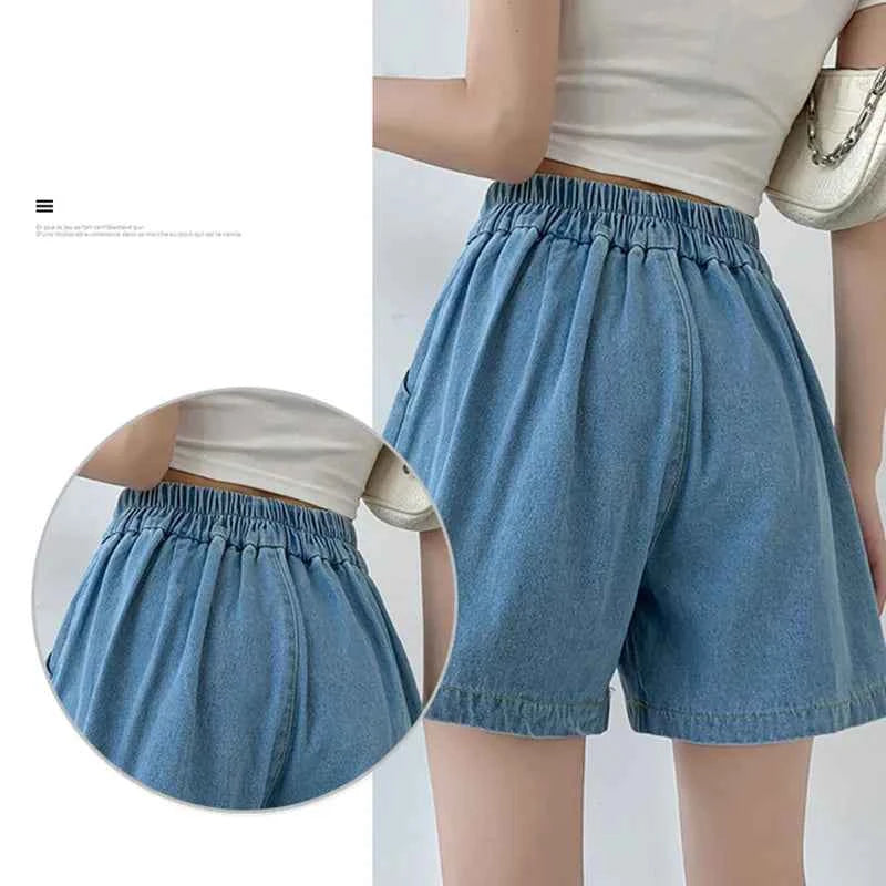 DFRCAEG 2024 Summer Plus Size Denim Shorts For Women High Elastic Waist Blue Or Sky Blue Pleated Mini Large Size Short Femme