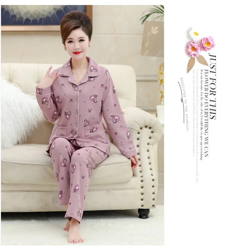 100% Pure Cotton Long Sleeve Sleepwear Set for Elderly Women Spring Summer Autumn Home Clothes Outwear Comfortable Home Suit