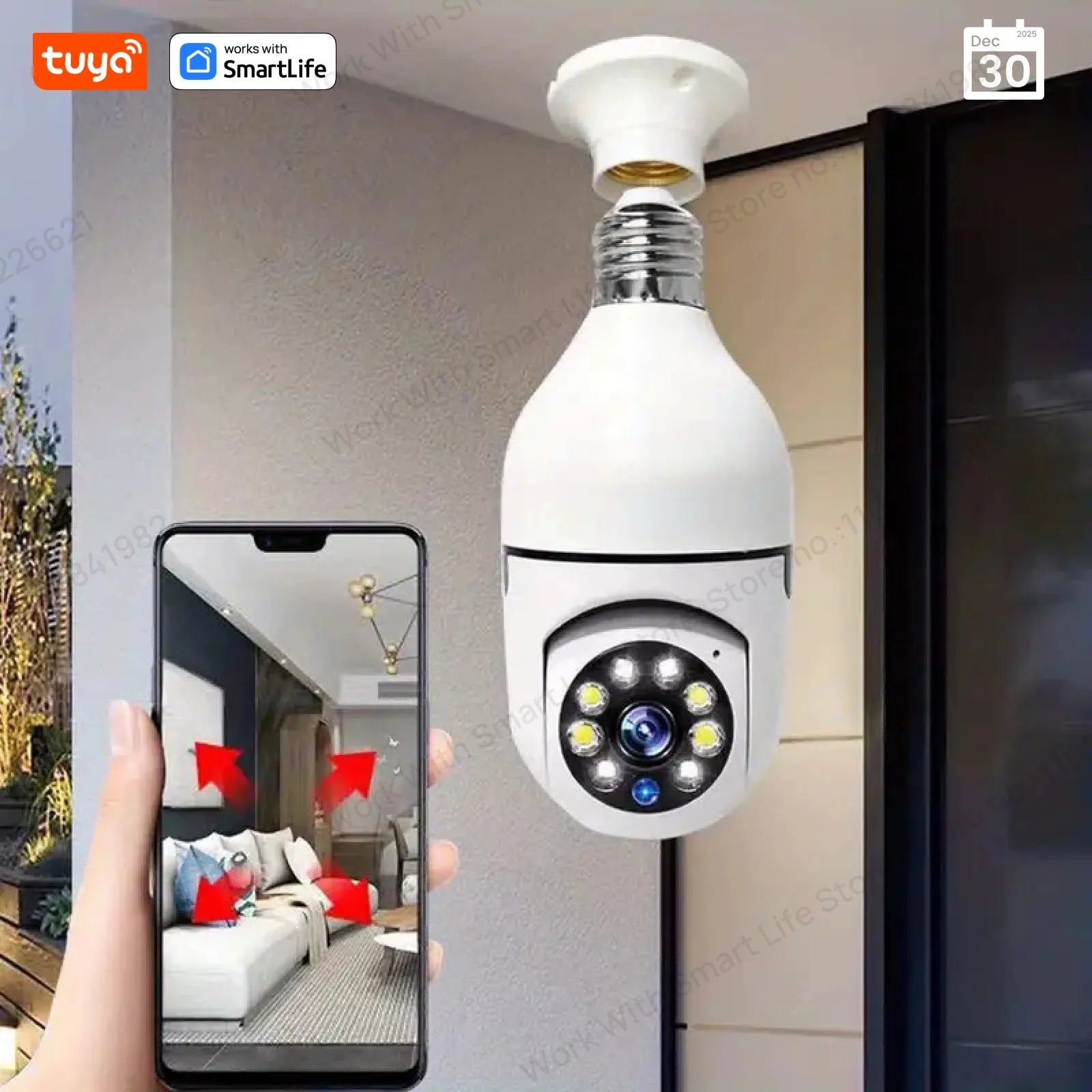 Tuya Smart E27 Security Camera 2.4G 3MP HD for Home,Baby/Elder/Pet Camera 100-240V W/Phone App,Color Night Vision 2-Way Audio